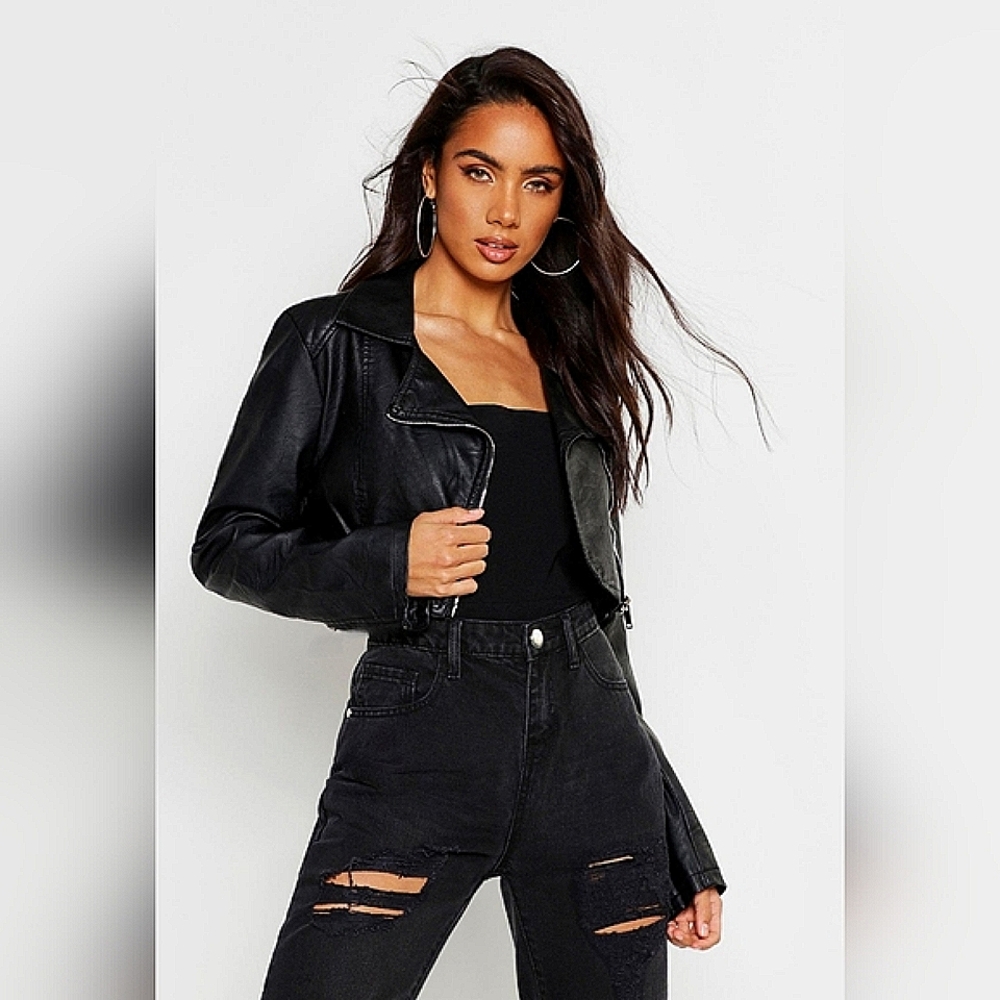 Cropped Faux Leather Motorcycle Jacket